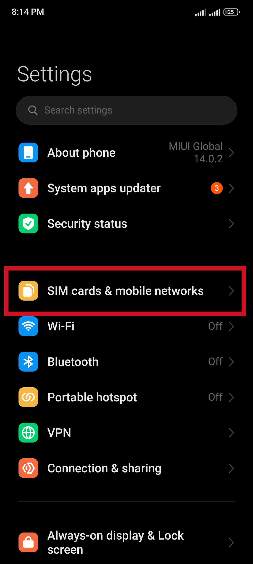 به بخش SIM cards and mobile networks بروید.