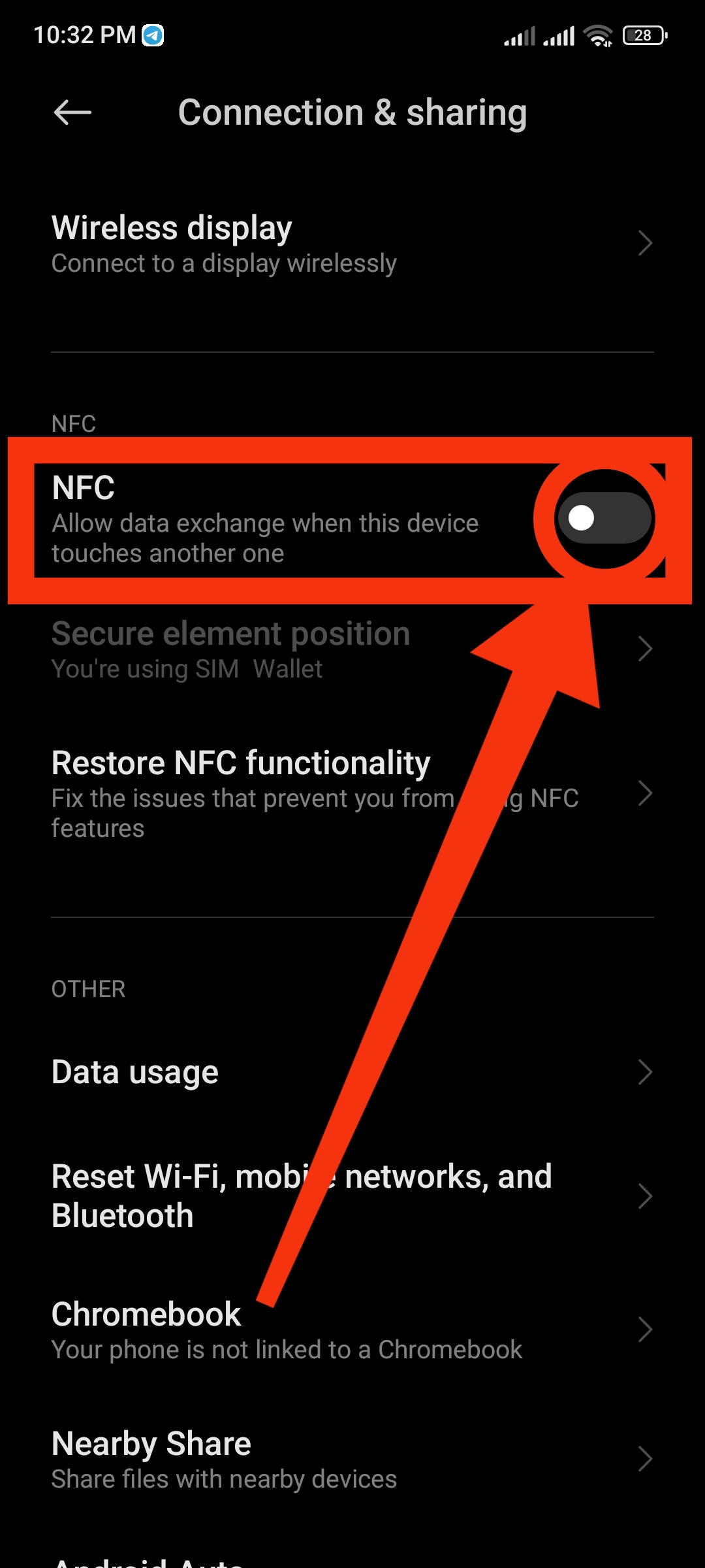 گزینه NFC را فعال کنید.