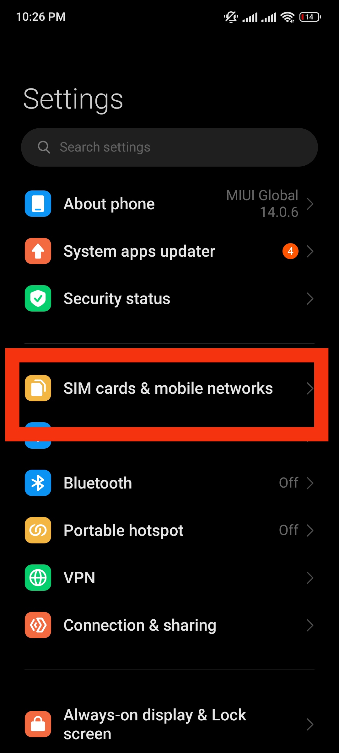 بخش SIM cards & Mobile network