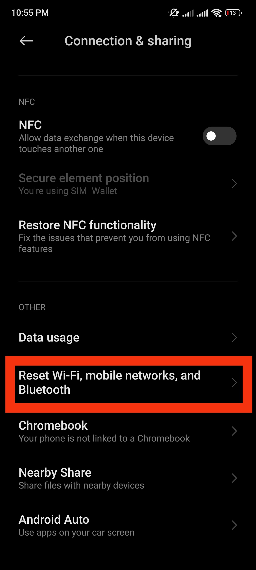 گزینه Reset Wi-Fi mobile networks and Bluetooth